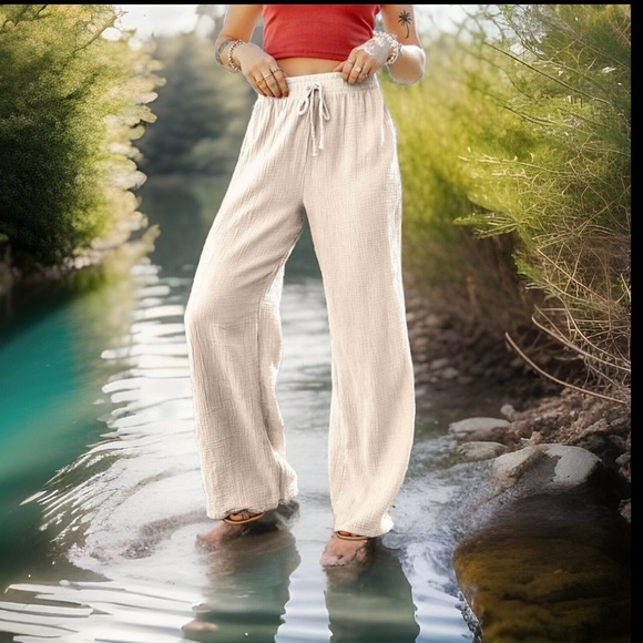 Linen Drawstring High Waisted Casual Loose Fit Wide Leg Stretchy Long Leg Pants - Picture 10 of 15